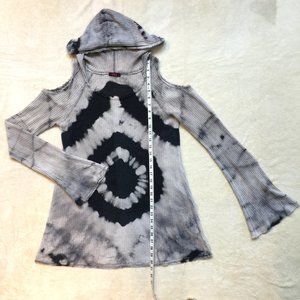 Black and Grey Tie Dye Hooded Long Sleeve w/ Shoulder Cut Outs